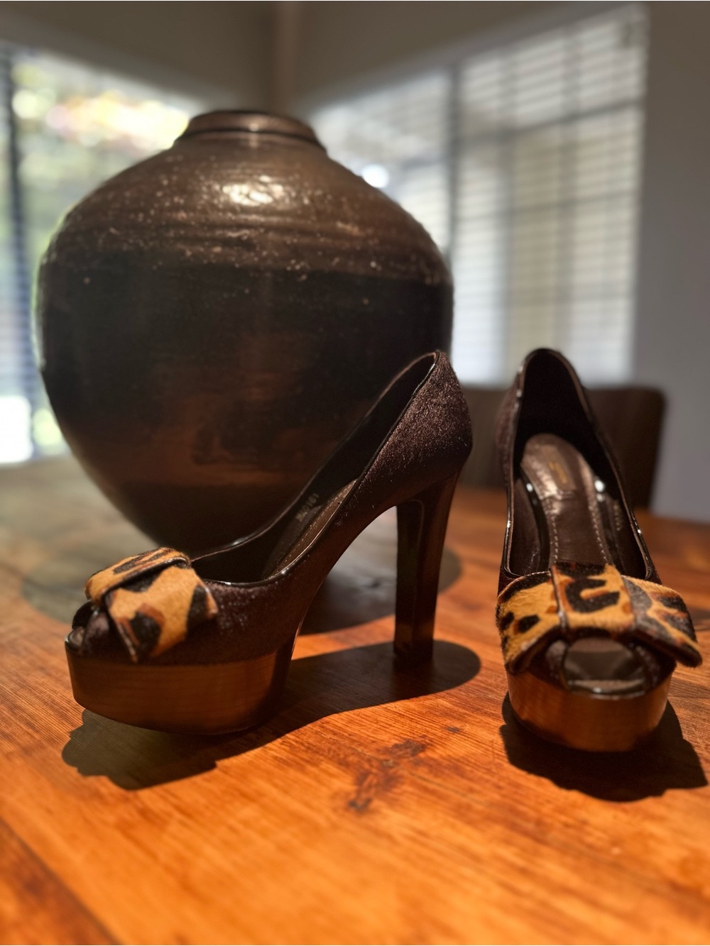 Louis Vuitton Brown Platform Peep-Toe Pumps with Leopard Bow
